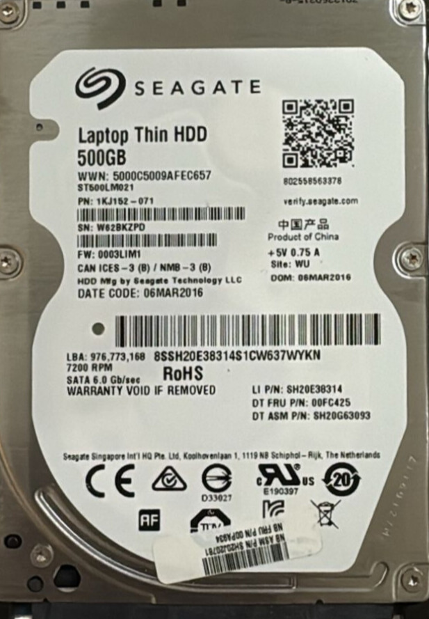Seagate ST500LM021 500 GB HDD SATA P/N 1KJ152-071
